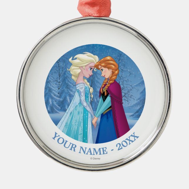 Anna and Elsa | Facing Each Other Add Your Name Metal Ornament (Front)