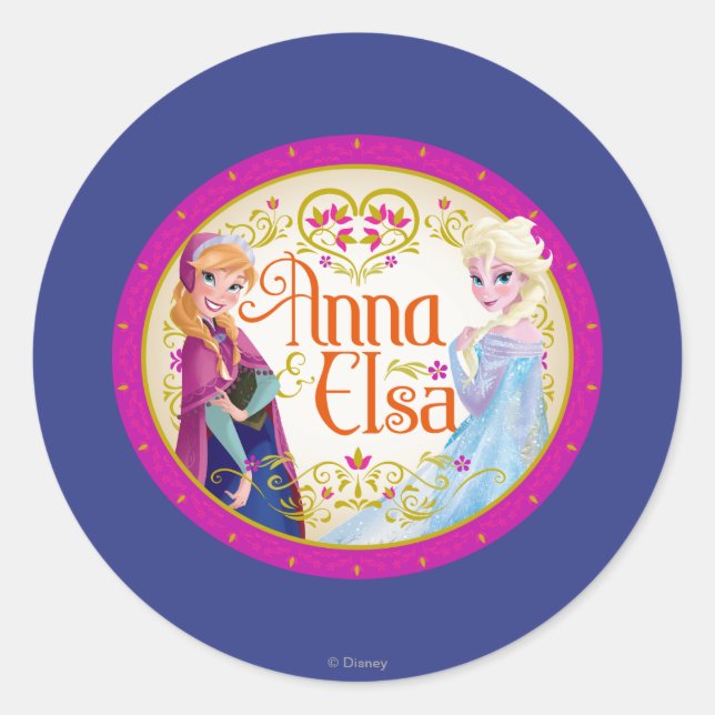 Anna and Elsa | Floral Frame Classic Round Sticker (Front)