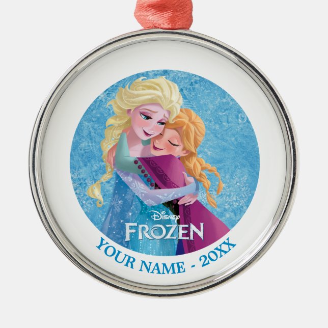 Anna and Elsa | Hugging Add Your Name Metal Ornament (Front)