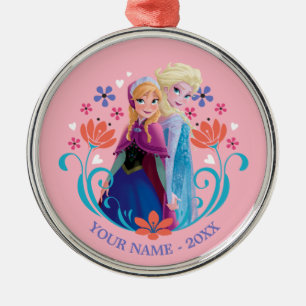 Anna and Elsa   Sisters with Flowers Add Your Name Metal Ornament