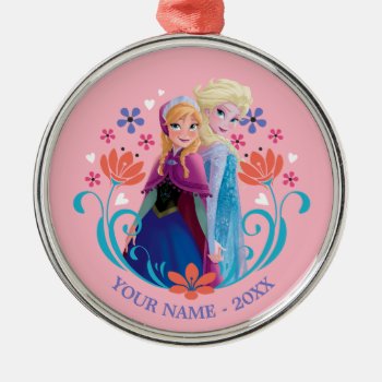 Anna And Elsa | Sisters With Flowers Add Your Name Metal Ornament by frozen at Zazzle