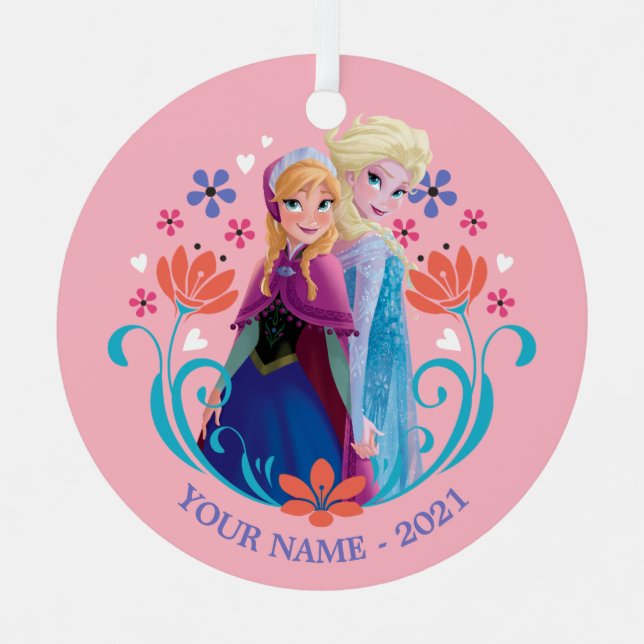 Anna and Elsa | Sisters with Flowers Add Your Name Metal Ornament (Front)