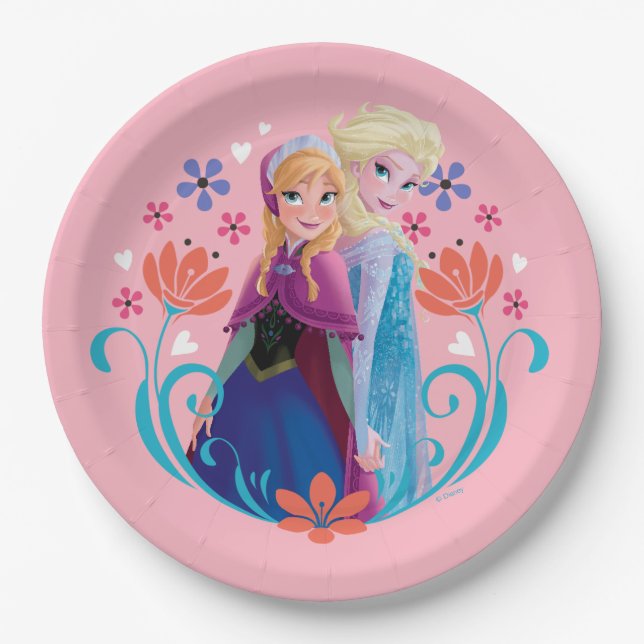 Anna and Elsa | Sisters with Flowers  Paper Plates (Front)