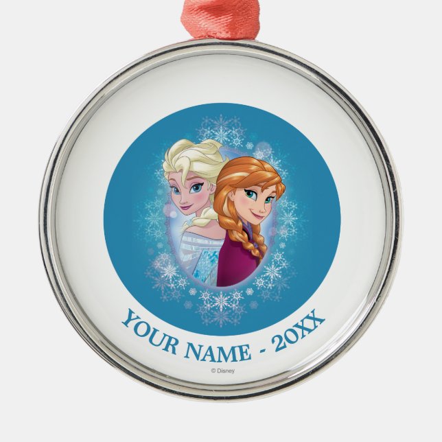 Anna and Elsa | Winter Magic Add Your Name Metal Ornament (Front)