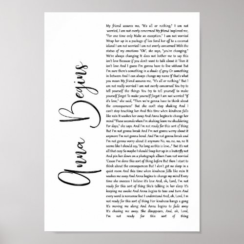 Anna Begins White Script Song Lyric Wall Art Print