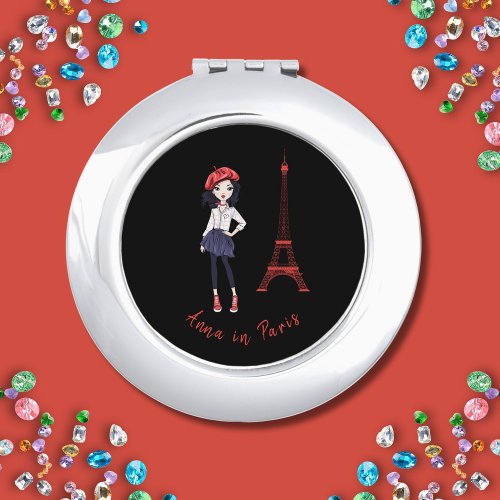 Anna in Paris Stylish Brunette with Red Beret Compact Mirror