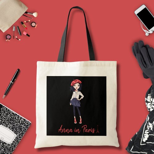 Anna in Paris Stylish Girl Red Beret Blue Skirt Tote Bag