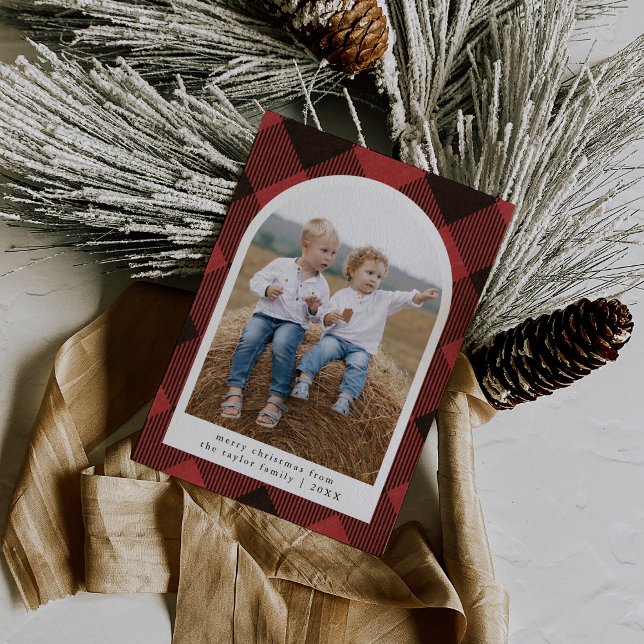 ANNA Red Plaid Modern Family Photo Merry Christmas Holiday Card (ANNA Red Plaid Modern Family Photo Merry Christmas Holiday Card)