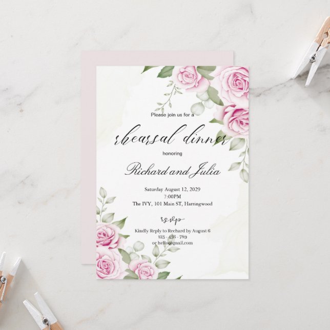 ANNA Rehearsal Dinner Invitation / Soft Pink Rose (Front/Back In Situ)