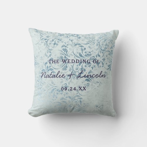 Annabelle Vintage Blue Damask Wedding Monogram Throw Pillow