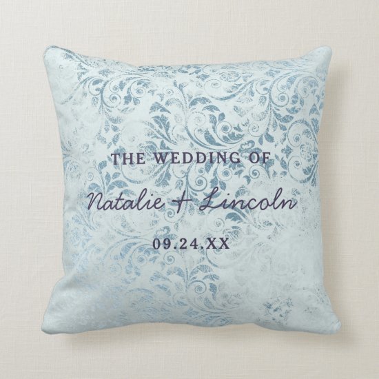 Annabelle Vintage Blue Damask Wedding Monogram Throw Pillow