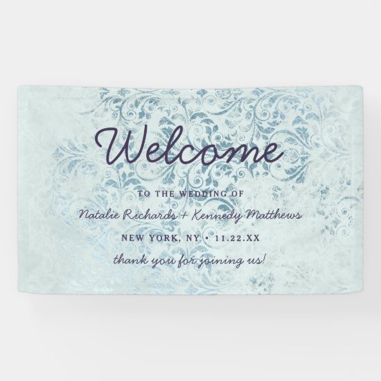 Annabelle Vintage Blue Damask Wedding Welcome Banner
