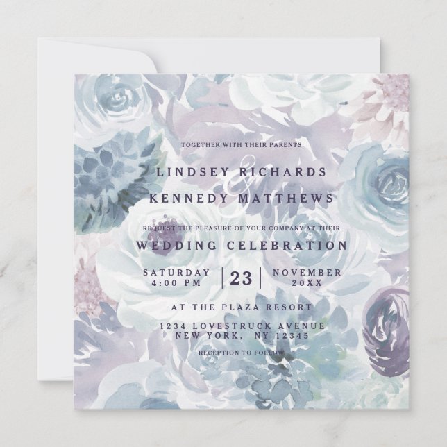 Annabelle Vintage Blue Floral Chic Wedding Square Invitation (Front)
