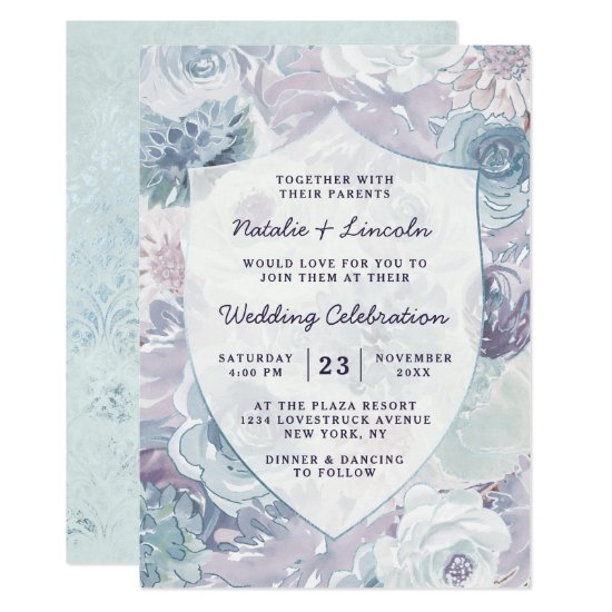 Annabelle Vintage Blue Floral Crest Framed Wedding Invitation