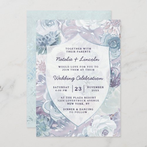 Annabelle Vintage Blue Floral Crest Framed Wedding Invitation