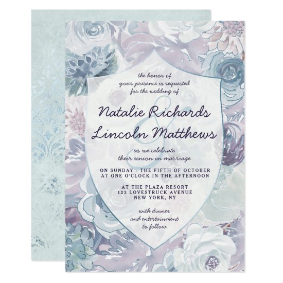Annabelle Vintage Blue Floral Crest Wedding Invitation
