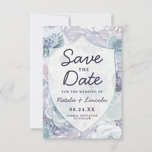 Annabelle Vintage Blue Floral Crest Wedding Save The Date (Front)