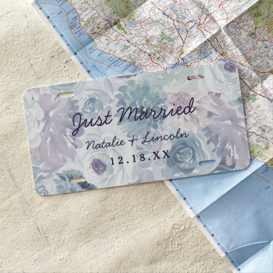 Annabelle Vintage Blue Floral Wedding Just Married License Plate