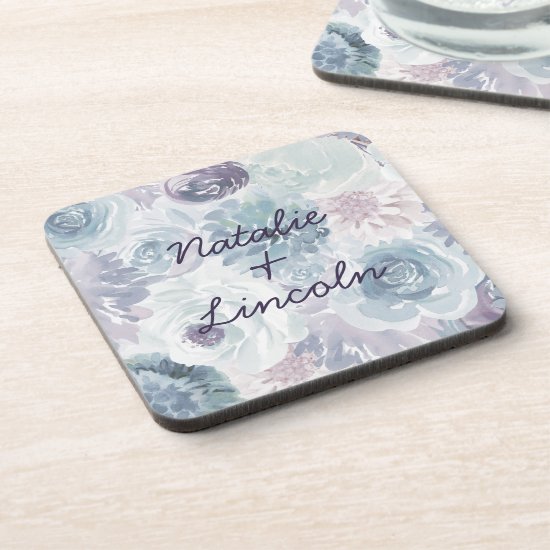 Annabelle Vintage Blue Floral Wedding Monogram Beverage Coaster