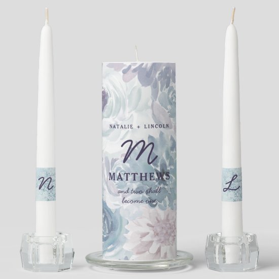 Annabelle Vintage Blue Floral Wedding Monogram Unity Candle Set