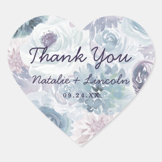 Annabelle Vintage Blue Floral Wedding Thank You Heart Sticker