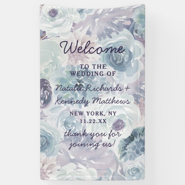 Annabelle Vintage Blue Floral Wedding Welcome Banner (Vertical)