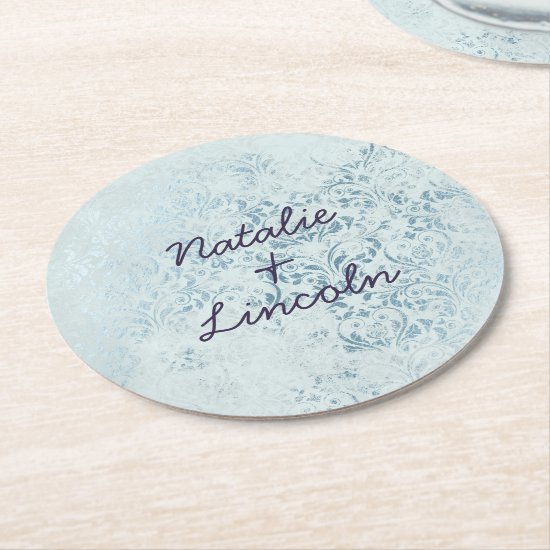 Annabelle Vintage Blue Foil Damask Monogram Round Paper Coaster