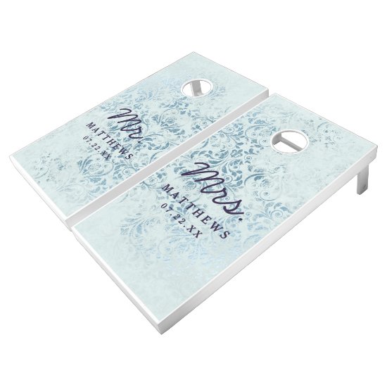 Annabelle Vintage Blue Foil Wedding Mr & Mrs Cornhole Set