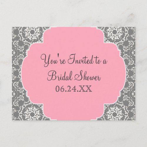 AnnaLiese Damask _ Pink and Grey Bridal Shower Invitation Postcard