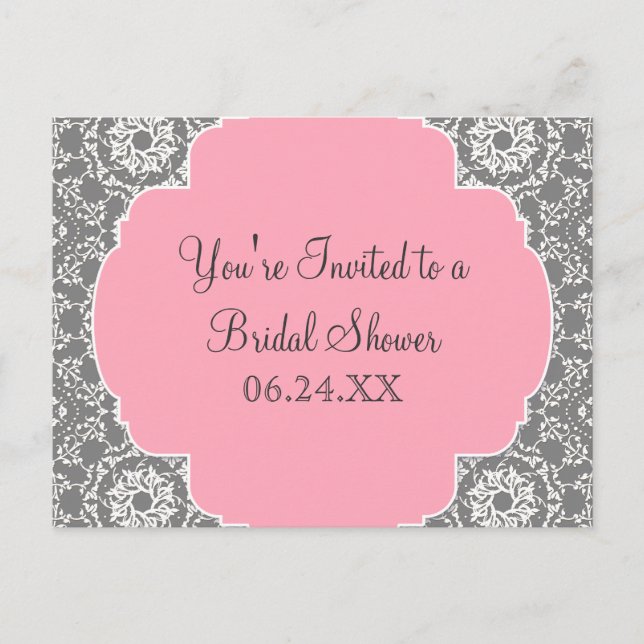 AnnaLiese Damask - Pink and Grey Bridal Shower Invitation Postcard (Front)