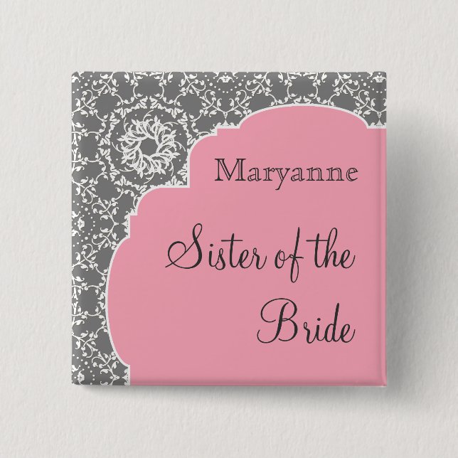AnnaLiese Damask - Pink n Grey Bridal Party Button (Front)
