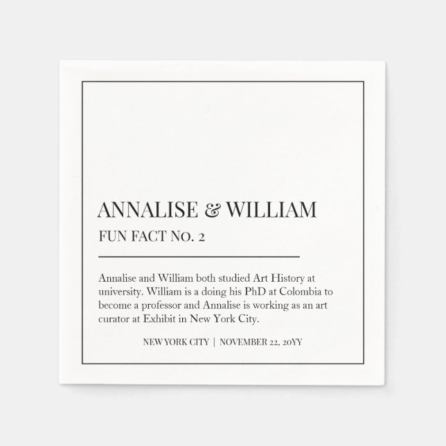 Annalise Simple Black White Fun Fact 2 Wedding Napkins (Front)