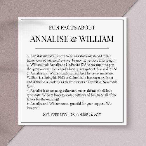 Annalise Simple Black White Fun Facts Wedding Napkins