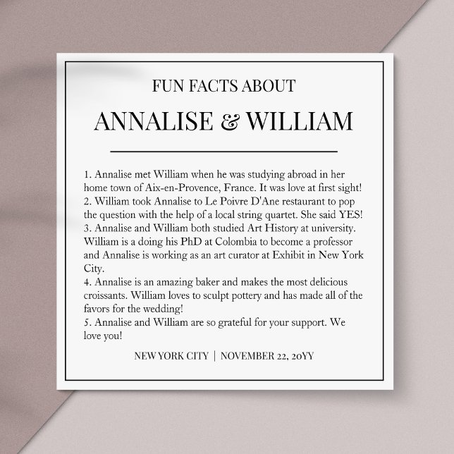 Annalise Simple Black White Fun Facts Wedding Napkins (Creator Uploaded)