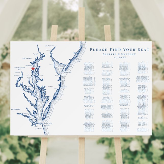 Annapolis Alphabetized Wedding Seating 200 guest Foam Board (200 guest count Annapolis Maryland map Seating chart for an elegant navy blue wedding)