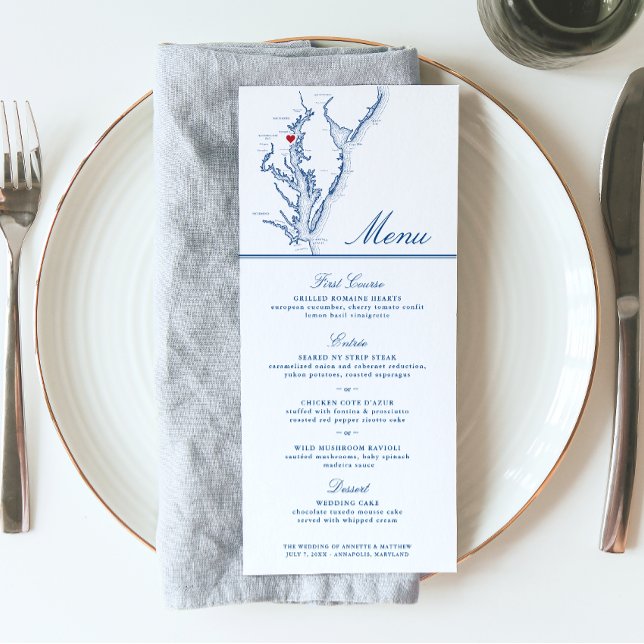 Annapolis Chesapeake Bay Map Elegant Navy Script Menu (These Chesapeake Bay Wedding Menus in Navy Blue are perfect for your Annapolis destination wedding)