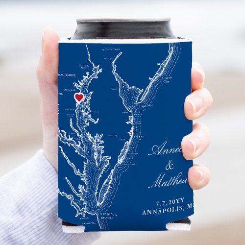 Annapolis Chesapeake Bay Map Navy Wedding Drink Can Cooler