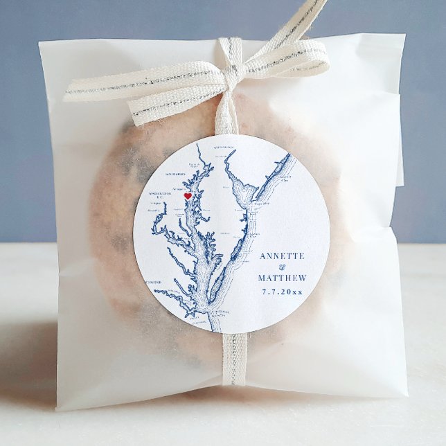 Annapolis Chesapeake Bay Map Navy Wedding Favor Classic Round Sticker (Annapolis Chesapeake Bay Map Wedding Favor Round Label in elegant navy blue from Coastal Map Designs)