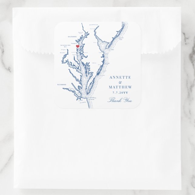 Annapolis Chesapeake Bay Map Navy Wedding Favor Square Sticker (Bag)