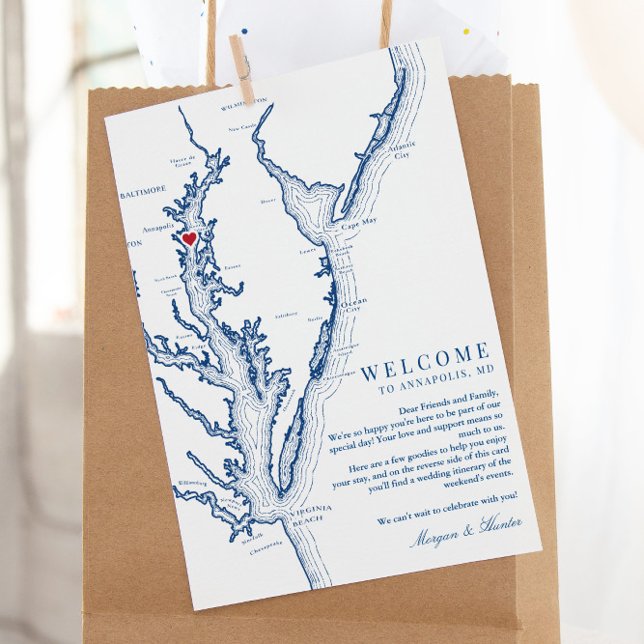 Annapolis Chesapeake Bay Wedding Welcome Itinerary Thank You Card (These Chesapeake Bay Map wedding welcome letters include a schedule of events itinerary on the back)