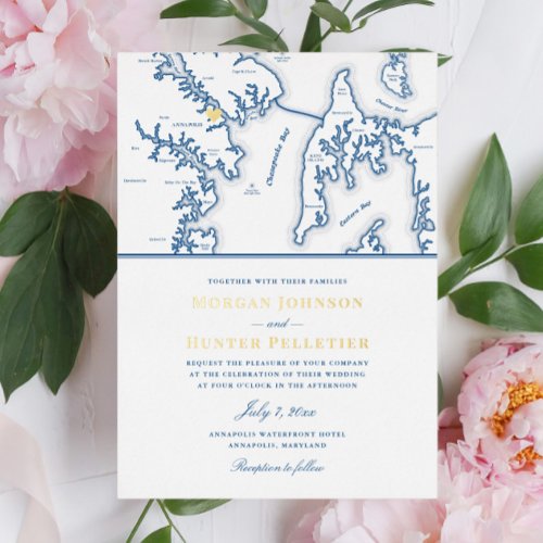 Annapolis Maryland Wedding Elegant Navy and Gold  Foil Invitation