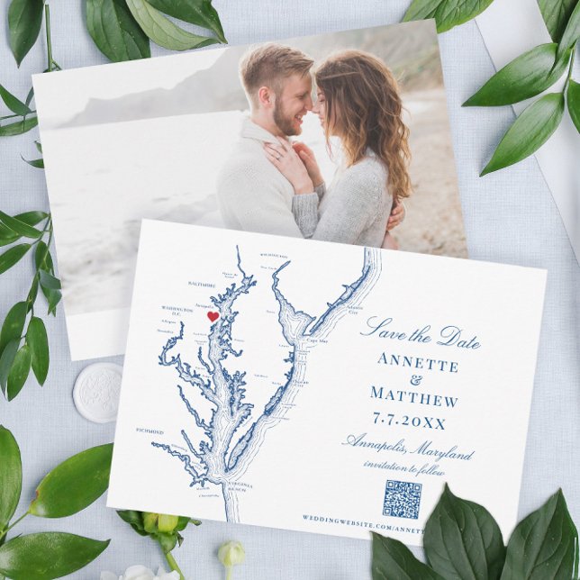 Annapolis Maryland Wedding Elegant Navy QR code Save The Date (These Annapolis Maryland map Save the Dates are perfect for your Chesapeake Bay destination wedding)