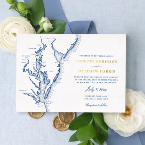 Annapolis Maryland Wedding Navy and Gold  Foil Invitation