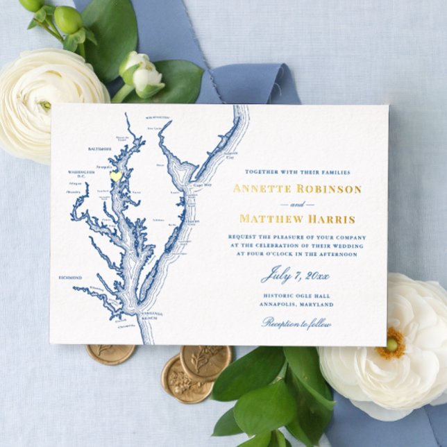 Annapolis Maryland Wedding Navy and Gold  Foil Invitation (Creator Uploaded)