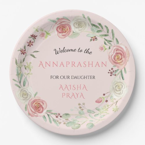Annaprashan Baby Girl Watercolor Floral Wreath Paper Plates