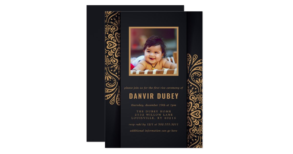 Annaprashan Black Gold First Rice Ceremony Photo Invitation | Zazzle.com