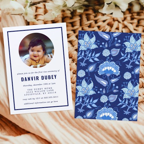 Annaprashan Blue Floral First Rice Ceremony Photo Invitation