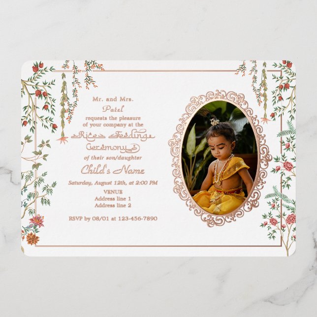 Annaprashan First Rice Ceremony Floral Photo Foil Invitation (Front)