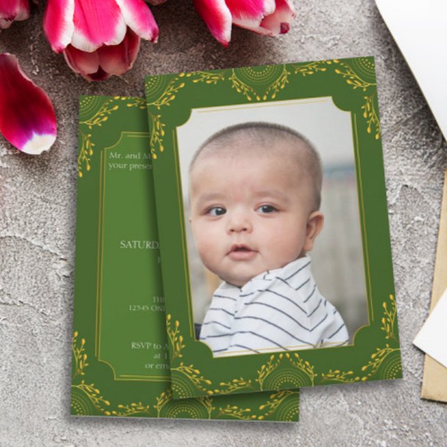 Annaprashan First Rice Green Gold Flowers Photo Invitation (Creator Uploaded)