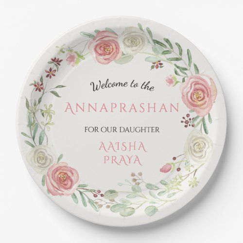 Annaprashan Party Baby Girl Watercolor Floral Pink Paper Plates